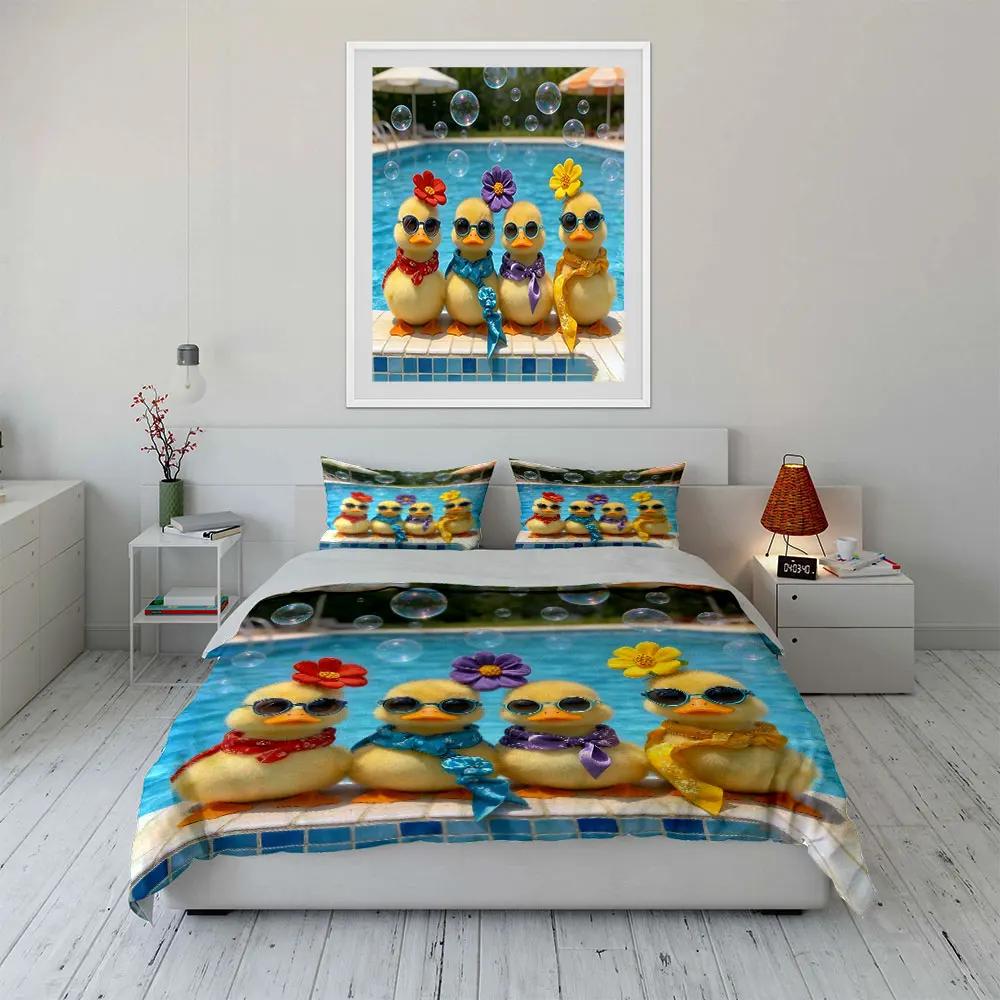 Poolside Duck Figurine Set Soft Comfortable Duvet Cover Bedding Set Included 1*Duvet Cover & 2*Pillowcases Gift