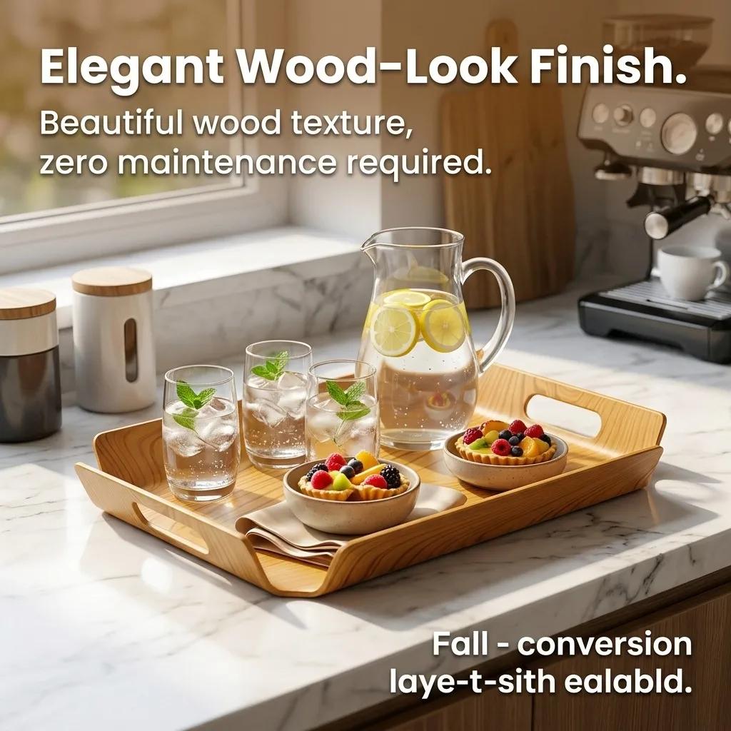 Wood Grain Plastic Serving Tray with Handles Rectangular Food Breakfast Tea Coffee Tray Kitchen Organizers Perfume Storage Tray