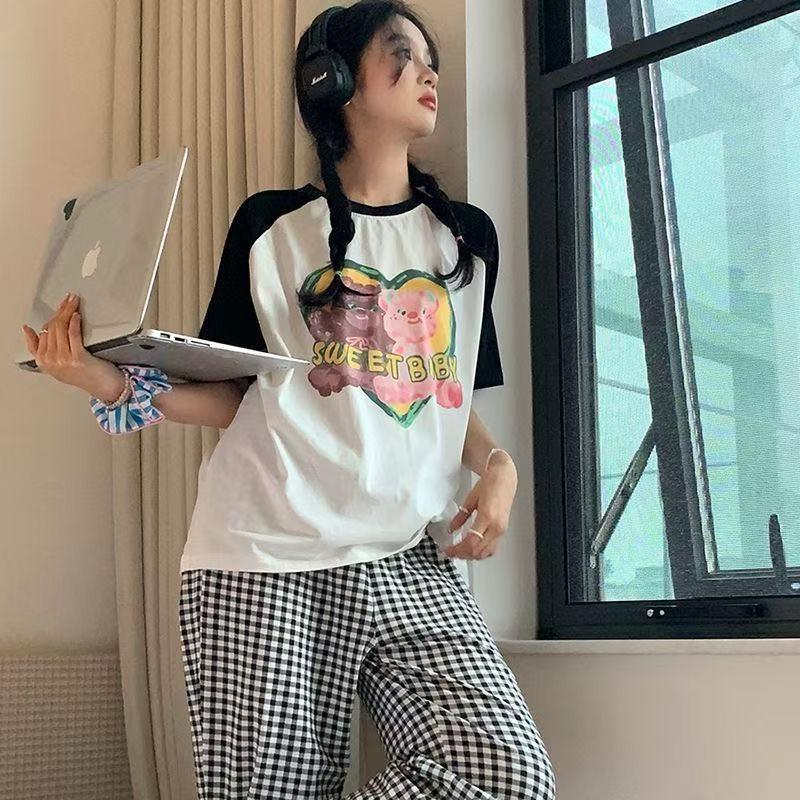 Pajamas women's short-sleeved trousers summer cartoon cute 2 new cartoon spring and summer loungewear suit can be worn outside