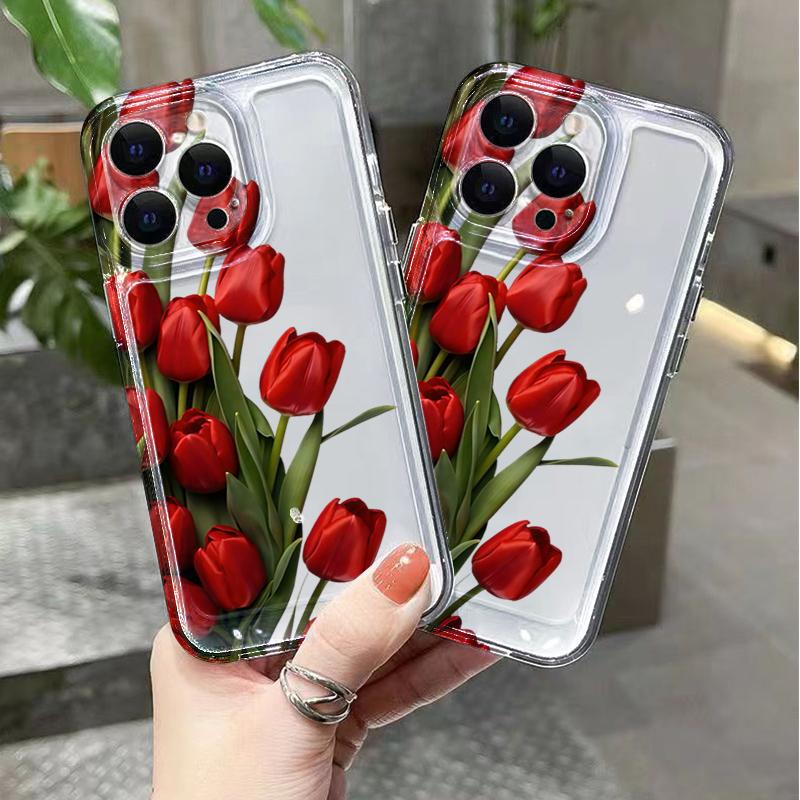 Aesthetic Red Tulip Bouquet Clear Phone Case for iPhone 17 16 Pro Max 15 Pro 14 13 12 11 16E X XR XS 7 8 Plus Protective Cover