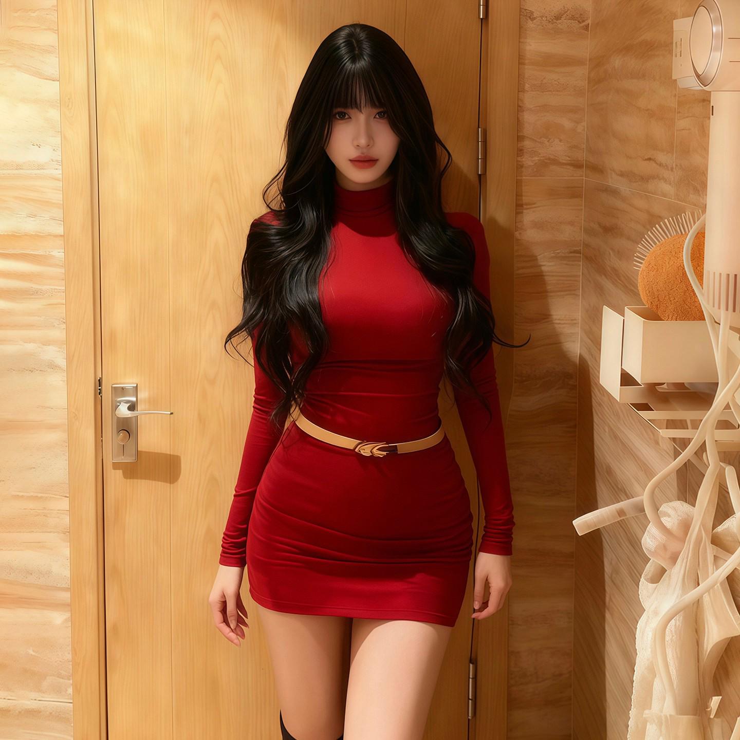 Women s Slim-Fit Red Half-High Neck Long-Sleeve Dress – Perfect Winter Base Layer Medium