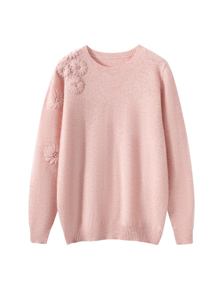 Women's Floral Embroidered Cashmere Sweater – Round Neck, Long Sleeve, Autumn/Winter 2025 Style