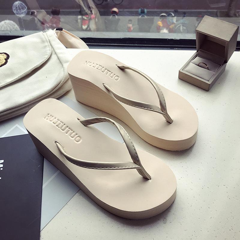 Fashion Thick Bottom Flip Flops Womens Summer Fashion Outdoor Beach Slippers Medium High Slope Heel Clip On Slip Resistant Cool Slippers
