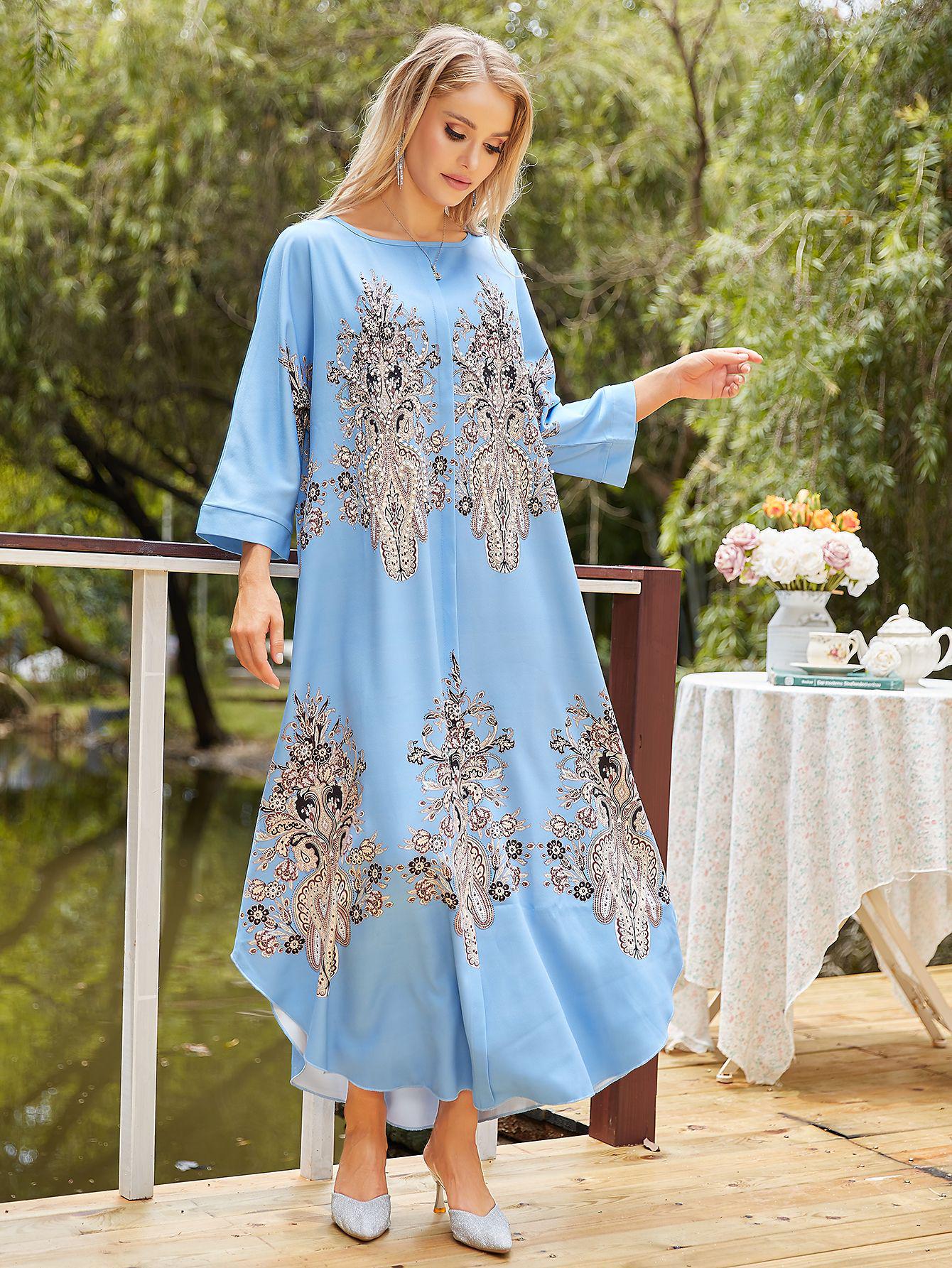 

Дубайское вышитое женское мусульманское платье - Коллекция T100 для международной торговли Extra Large синий