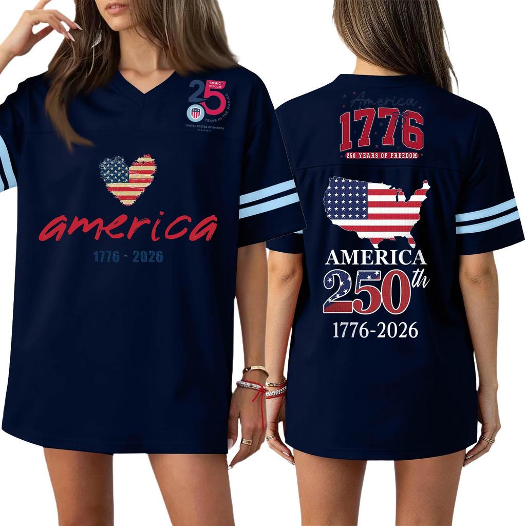 Damska Codzienna Modna Koszulka Sportowa z Dekoltem V z Nadrukiem na Dzień Niepodległości Krótkim Rękawem Top