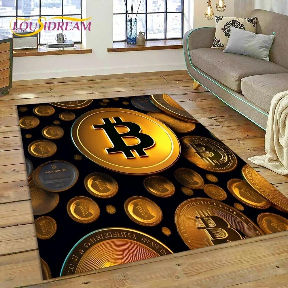 Bitcoin 3D Virtuální měna NFT Oblastní koberec Koberec pro ložnici Obývací pokoj Domácí dekorace pohovky, Dětská hra Velká dekorace Podlahová rohož
