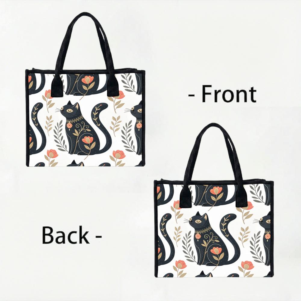 Folk Black Cat Pattern Tote Bag Daily Large Capacity Durable Casual Shopping Shoulder Handbag