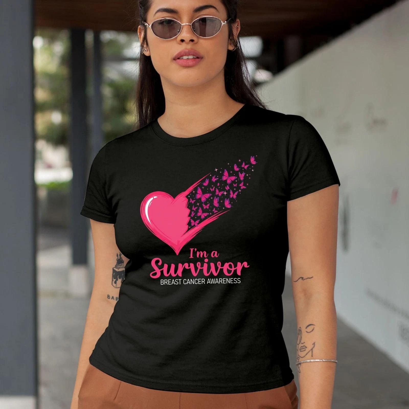 I Am A Survivor Hearts Butterflies T Shirt Breast Cancer Awareness Women Tee Top 4XL