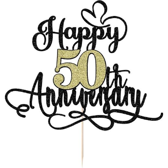 Black Gold Happy 50th Anniversary Cake Toppers- 50 Wedding Anniversary Party Decoration Ideas,Birthday Cake Decorations,50th Anniversary