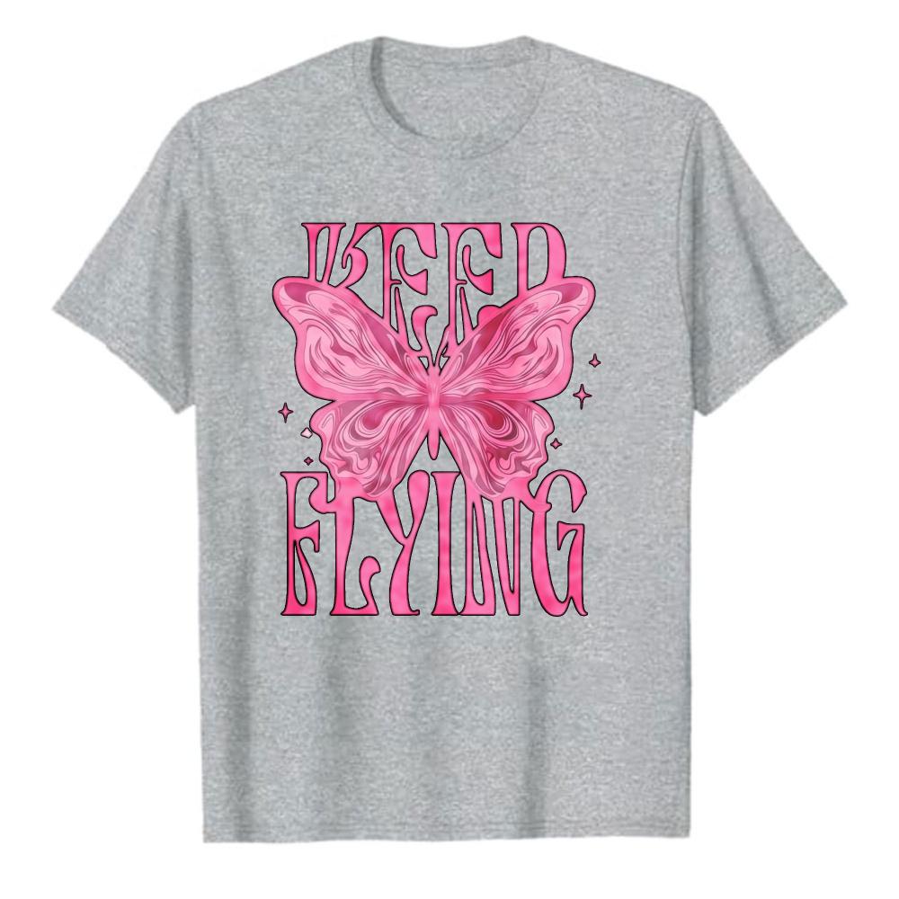 Aesthetic Pink Butterfly Keep Flying Letter Print Tshirt Women Cotton Tee Inspirational Quote Casual Y2K Streetwear Daily Tops