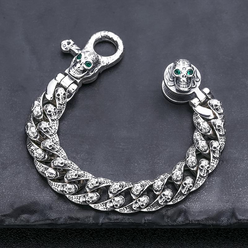 Thick Men's Trendy Punk S925 Sterling Silver Bracelets Retro Graffiti Skull Pattern Cuban Link Chain Bangle Jewelry