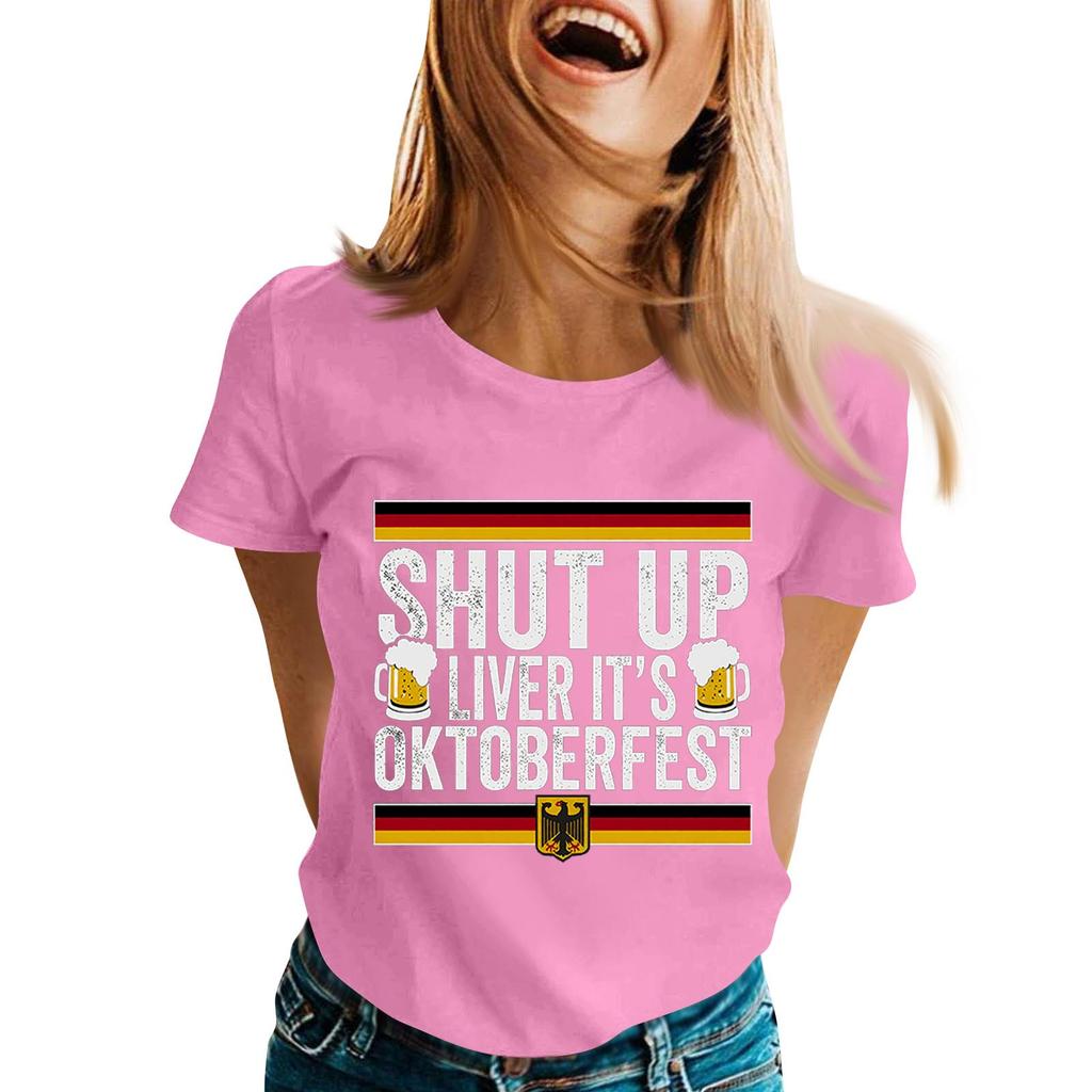 Unisex Casual Short Sleeve Pullover T Shirt with Letter Print Crew Neck Top Suitable for Oktoberfest and Everyday Wear