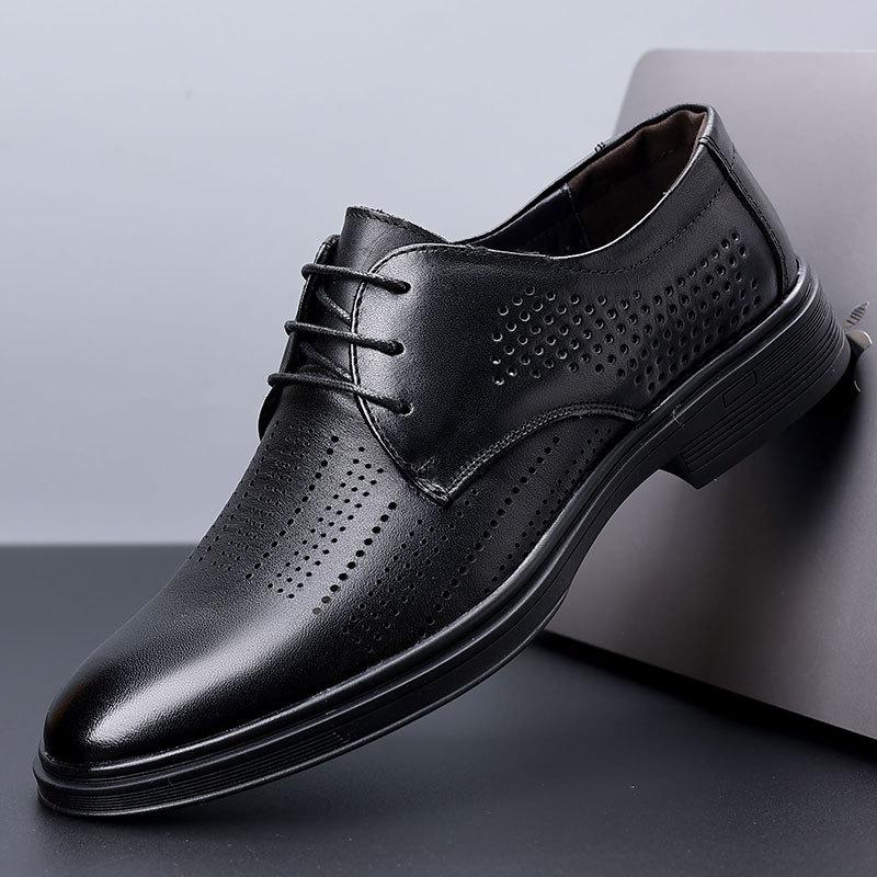 

Leather shoes men s formal wear business casual leather soft sole summer hollow breathable thick sole black wedding groom shoes men s shoes 38