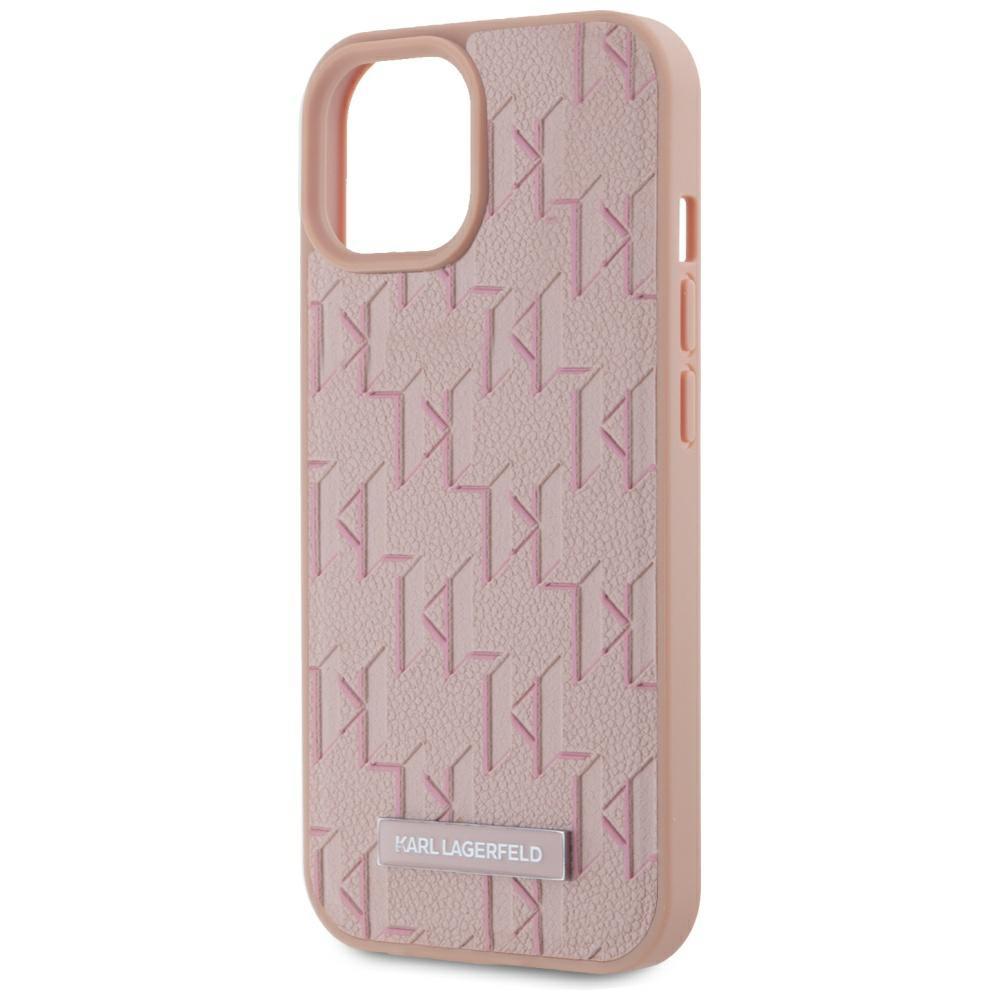 Karl Lagerfeld Leather Monogram Metal Logo MagSafe Case for iPhone 15 Pink