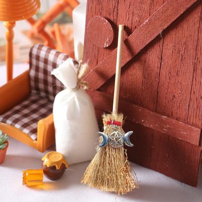 Mini Witch Broom Car Pendant Wooden Halloween Ornament for Rearview Mirror 1:6/1:12 Miniature Doll Houses Scale Accessory