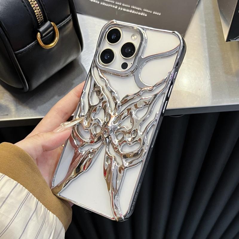 Fashion Plating Hollow Butterfly Pattern Case for iPhone 16E 15 14 13 12 11 Pro Max Matte Shockproof Heat Dissipation Back Cover