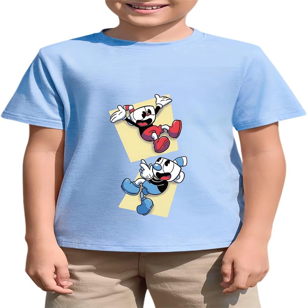 2026 Hot Sale Boys Girls Kids Cuphead Cotton T-Shirt Summer Fashion Cartoon Print 2-14Y