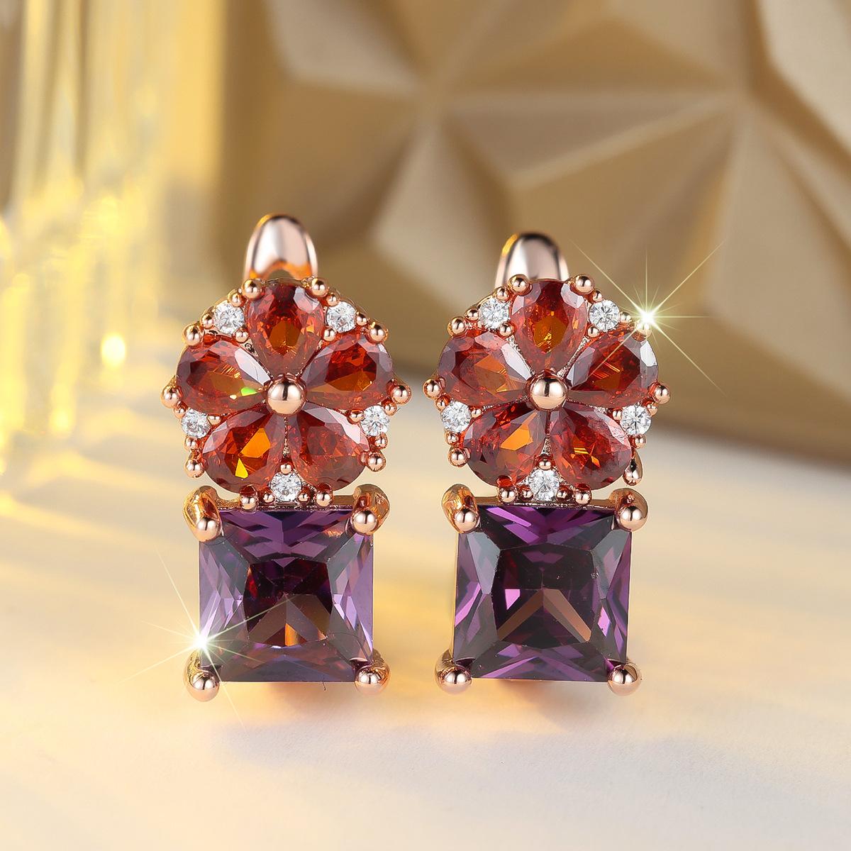 Preferred double-layer zircon flower earrings, retro bright colors full of holiday earrings