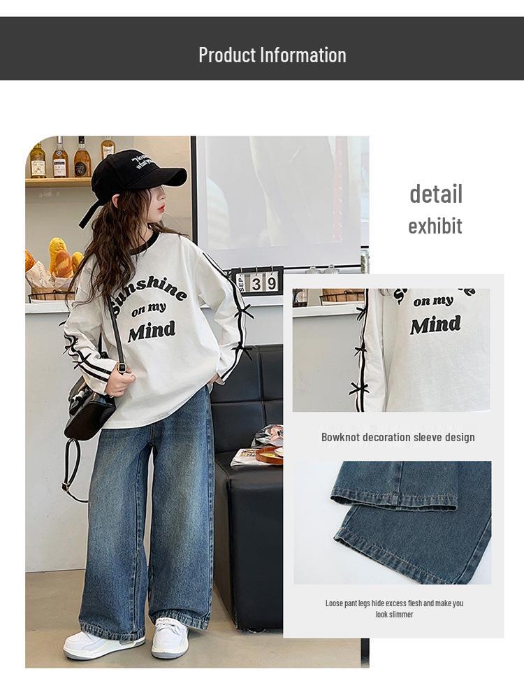 2025 Trendy Girls' Loose Long Sleeve Letter Stripe Top for Big Kids