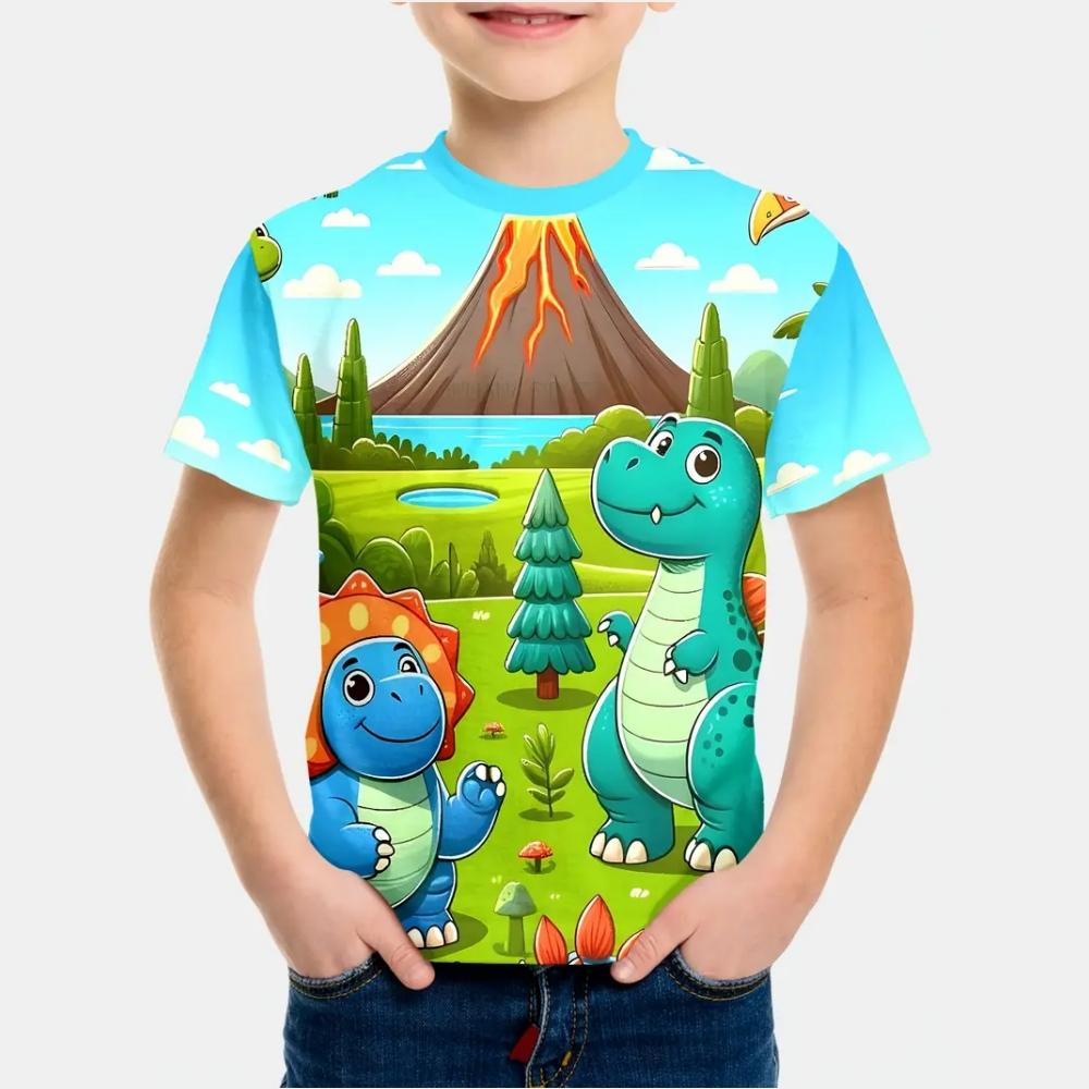 Kids Boy Clothes 3D Cartoon Dinosaur Graphic T Shirts Fun Children's Clothing Summer Crew Neck Short Sleeves T-Shirts for Boys