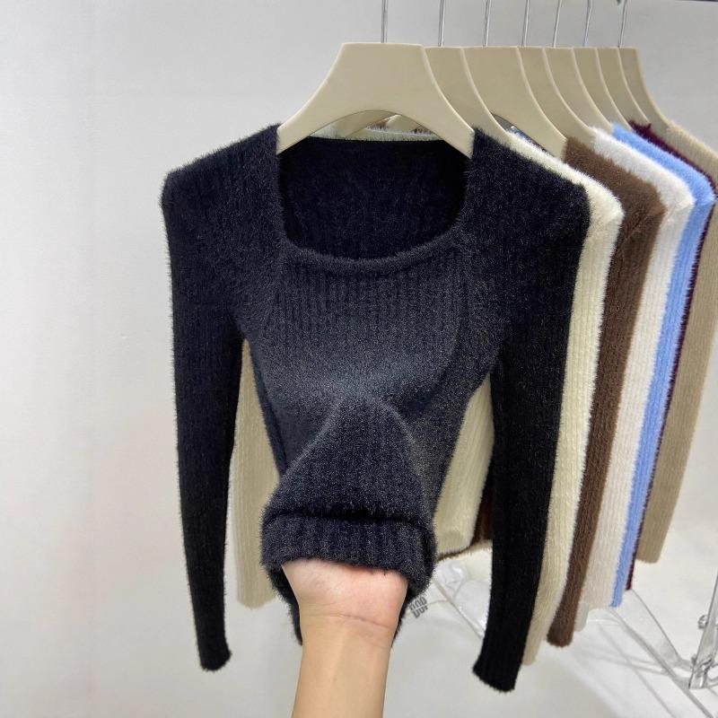 Autumn and Winter Inner Bottoming Shirt Slim Top Solid Color Irregular Square Neck Mink Fleece Sweater Knitted Sweater