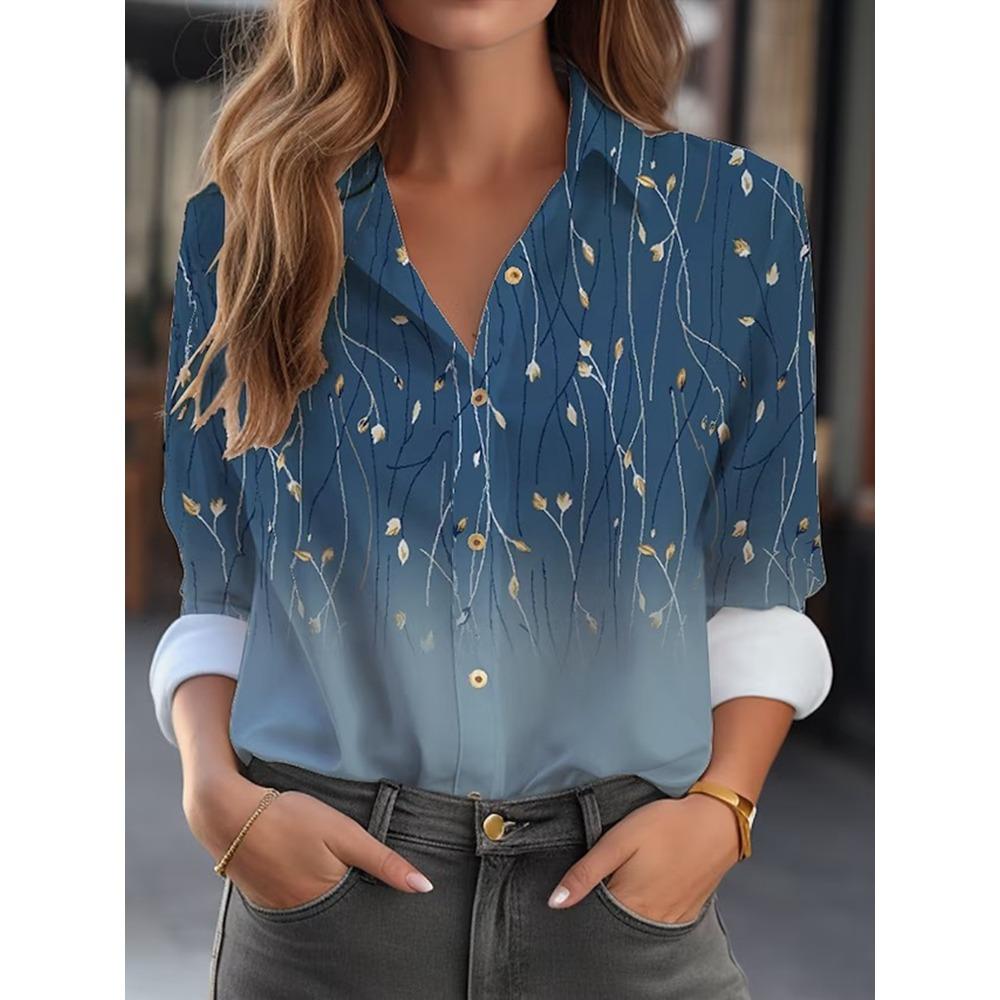Fashion Women's Shirt & Blouses Elegant Flower Leaf Shirt Print High Quality Long Sleeve Large Size Female Clothing Blouse Tops