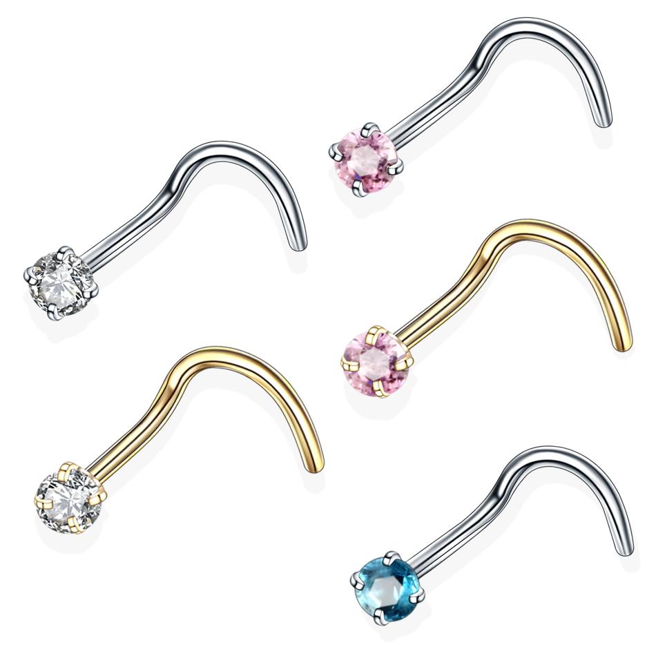 1PC 20G Steel Prong CZ Nose Screw Rings Nariz Earring Nostril Piercings Opal Twist Curved Bar Gem Nose Bone Stud Rings Jewelry