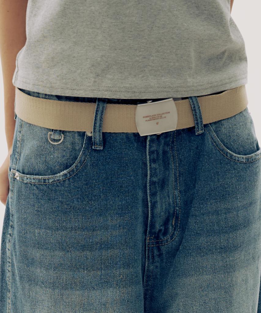 SOME PLACE Engraved Metal Weaving Buckle Strap Belt [Beige]