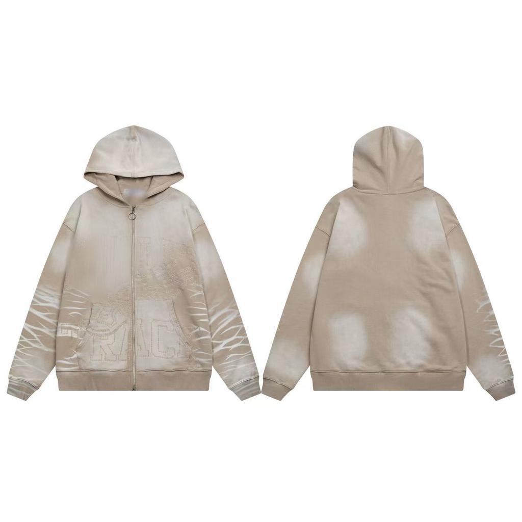 25SS high quality VAL beauty high street retro washing water old white ink direct injection hoodie men and women the same sweater