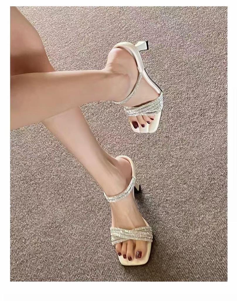 Summer Rhinestone Stiletto Sandals - Women's Square Toe One-Strap High Heels, Fairy French Style.