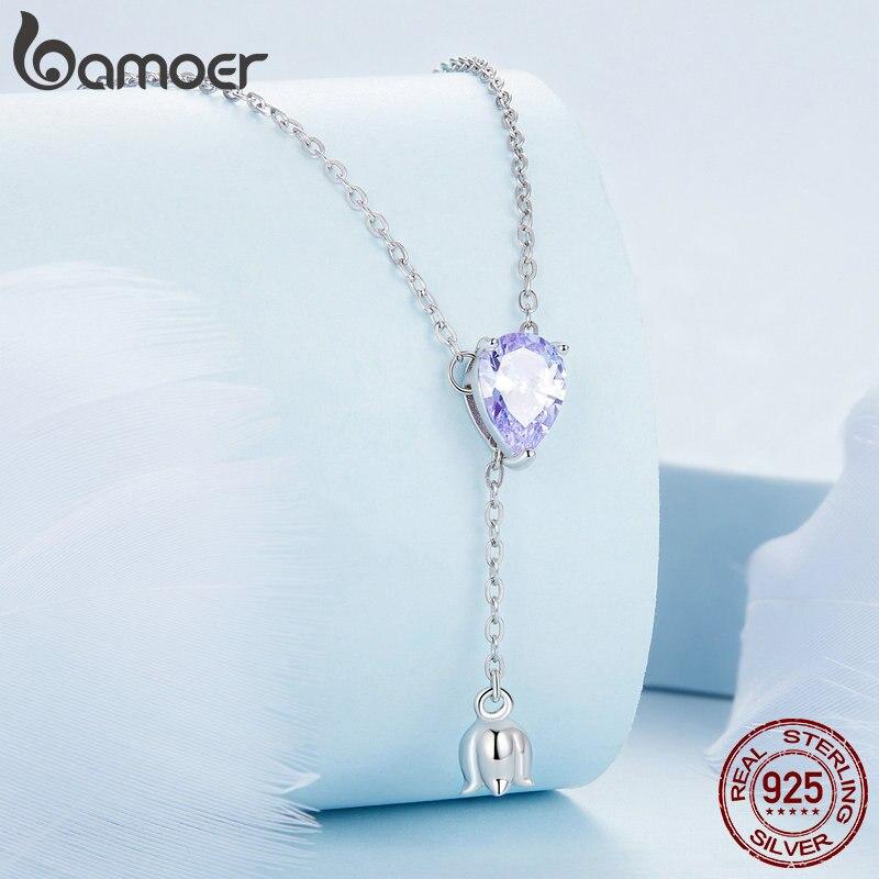 

BAMOER стерлингового серебра 925 пробы фиолетовый циркон кулон «Ландыш» ожерелье элегантная цепочка на шею для женщин ювелирные изделия 925 silver