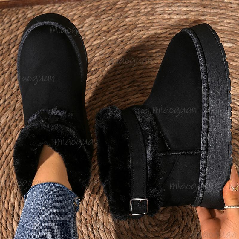 Fashion Buckle Faux Fur Winter Ankle Boots Women Cotton Padded Thicken Plush Snow Boots Comfort Thick Sole Non Slip Platform Casual Shoe