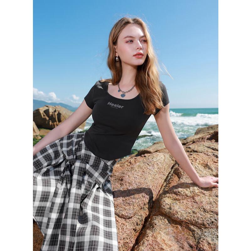 Sancai Women s U-Neck Letter Print Short-Sleeve T-Shirt S