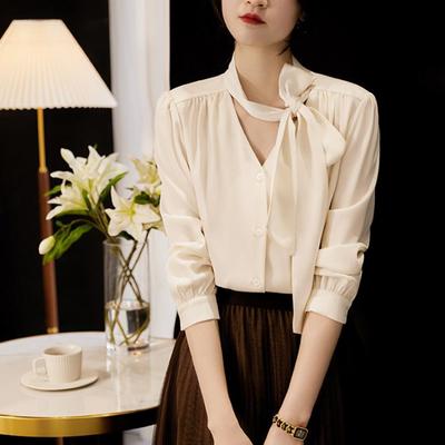 Spring and Autumn Women's Shirt Floating Belt Bow Tops Female Solid Color Simple and Easy To Take Loose Elegance Shirt Female Blouse