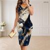 Women Plus Size V Neck Sleeveless Printed Bodycon Midi Dress Navy Blue Red Gold