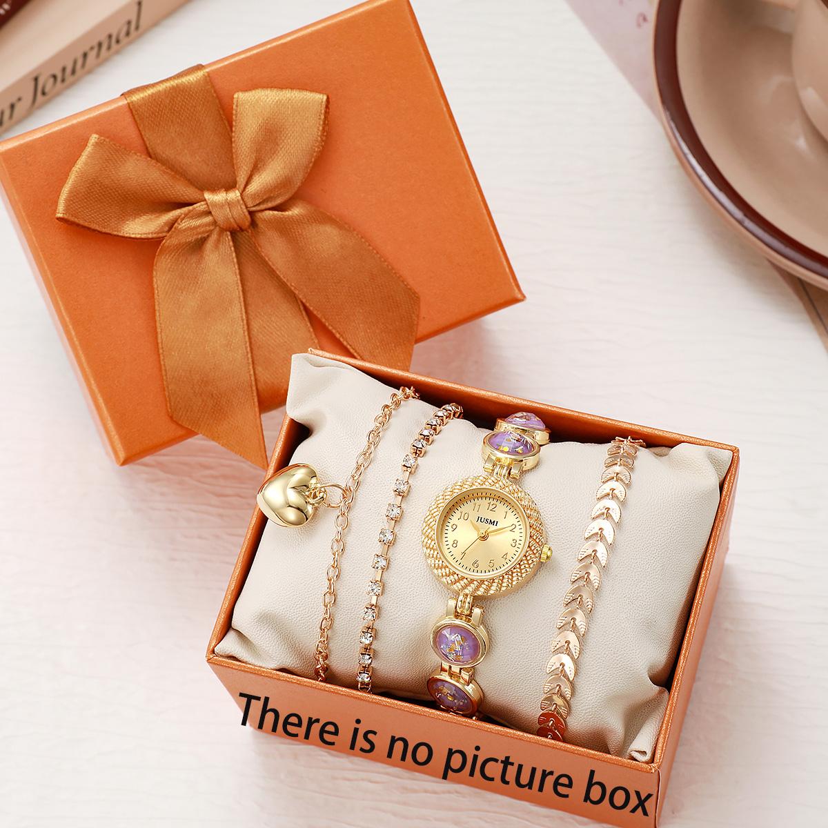 

Женские кварцевые часы фиолетово-золотого цвета, набор из четырех предметов + Набор браслетов в нескольких стилях с модными принтованными украшениями золотой