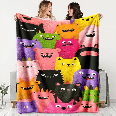 Niedliche und bunte Monster-Thema Flanell-Druckdecke geeignet für alle Jahreszeiten geeignet für Wohnzimmer Büro Sofa und Reisen