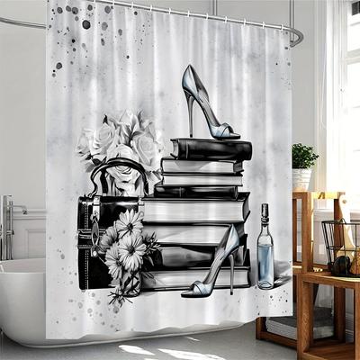 1pc Fashion Women Shower Curtain Make Up Grey Black Flower Books High Heels Romantic Elegant Perfume Vintage Cosmetic Charming