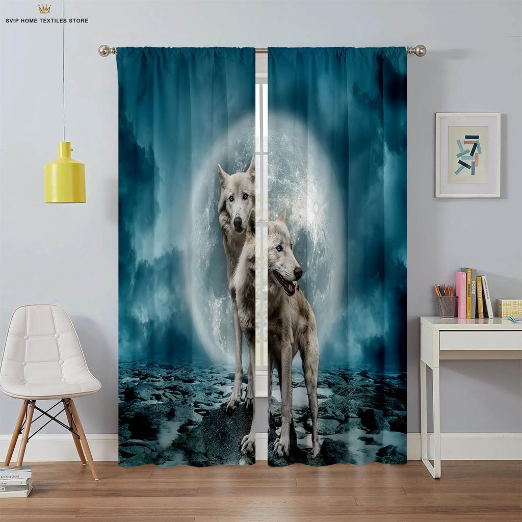 Tier Star und Wolf 3D-gedruckte Vorhänge, Geeignet für Schlafzimmer, Wohnzimmer, Arbeitszimmer, Küche, Fensterdekoration, 2 Stück