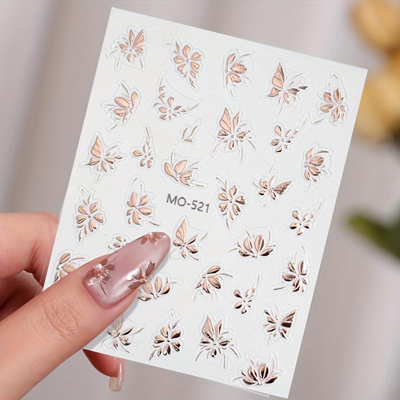 1pc Luxury Golden & Rose Golden Embossed Stickers - Floral Butterfly & Leaf Design, Self-Adhesive Plastic Nail Art Decals for Summer Nail Decor