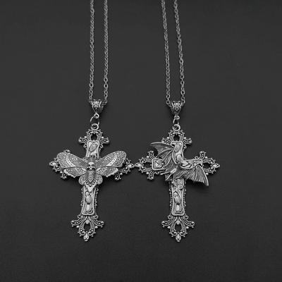 Large Bat Cross Necklace Pendant Floral Filigree Victorian Vintage Gothic Style Great Gift for Her Protection Amulet