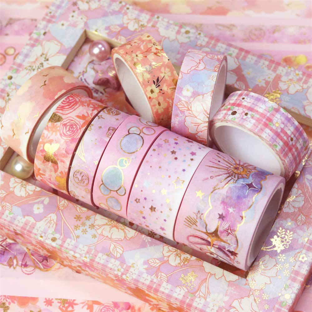 YUBBAEX Masking Tape Mysterious Foil Super Cute Perfect for Gift DIY and Notebook Decoration 9-Volume - Space, Wide, Silver/Gold Stamped, Style, Thin,
