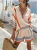 2026 European & American Linen Striped V-Neck Top & Shorts Set for Women