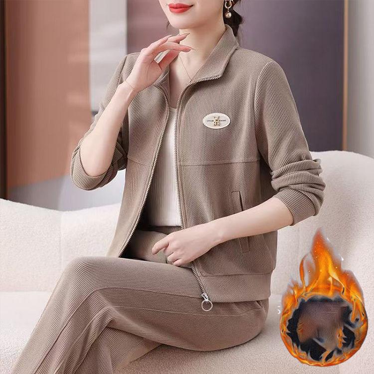 Lässige Dicke 2-teilige Sets Damen Reißverschluss Langarm Sweatshirt Tops Conjuntos Winter Warm Samtgefüttert Gerade Hosen Trainingsanzug