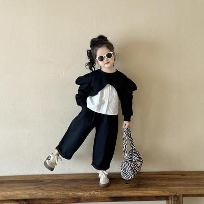 Korean Style Girls' Tops & Pants Set - 2025 Spring/Autumn Collection: White Shirt & Black Casual Pants for Children