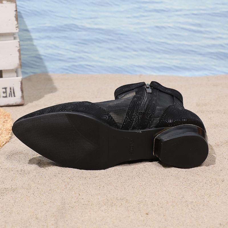 Fashion 2025 Fashion Retro Women's Mesh Boots Pointed Toe Side Zip Low Heel Ankle Sandal Boots Elegant Crystal Appliques Modern Boots