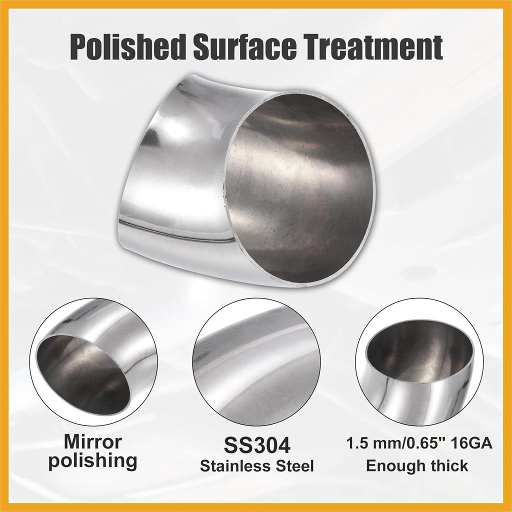 2pcs OD 3 Inch 45 Degree SS304 Stainless Steel Bend Tube Exhaust Elbow Pipe for Car Modified Exhaust System 3" Piping Silver Tone Replacement