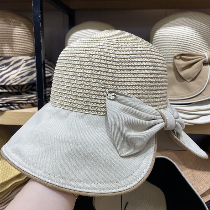 Hat Female Retro Bow Split Fork Elegant Straw Hat Big Eaves Bucket Hat Seaside Vacation Sun Protection Beach Hat