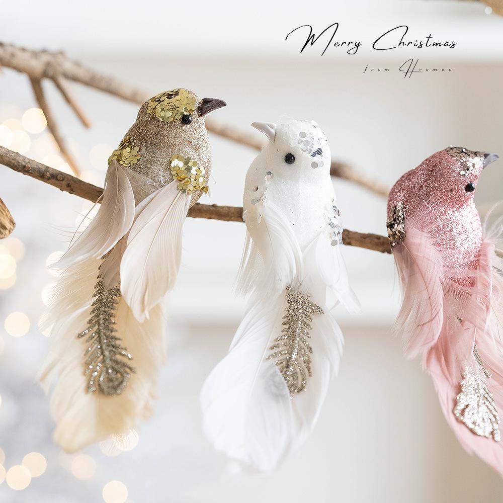 2PC Glitter Christmas Birds Artificial Foam Feathers Couple Bird Pendants for Home Wedding Party XMAS Tree Realistic Decoration