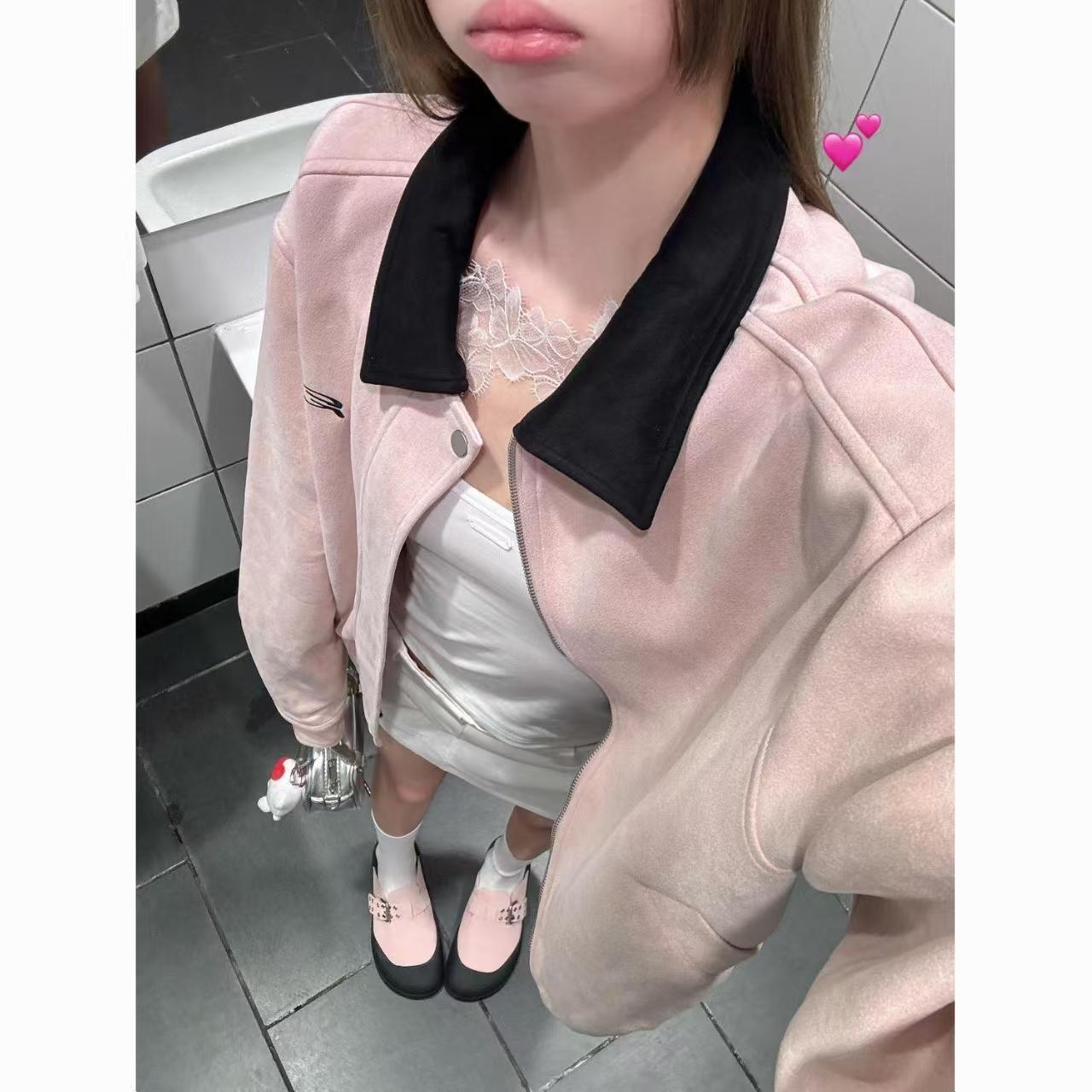 

Pink Faux Suede Zip-Up Jacket with Turn-Down Collar, Perfect for Spring, Autumn, and Winter - Versatile, Loose-Fit, and Stylish Cardigan Coat XL 58-65kg